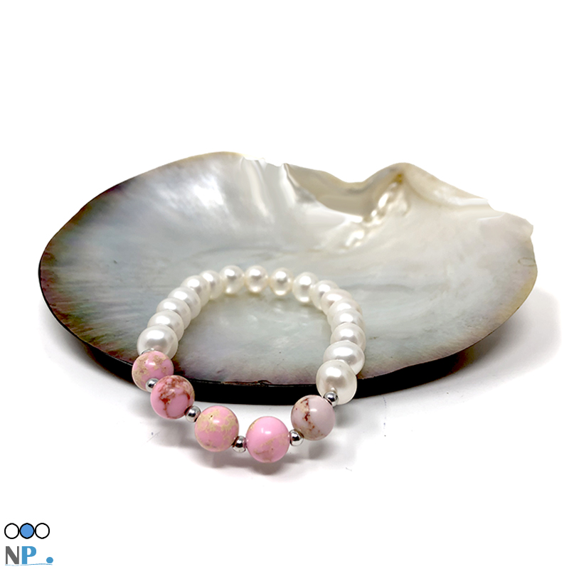 Braccialetto perle d'acqua dolce e 5 pietre semipreziose Sedimenti del mare rosa